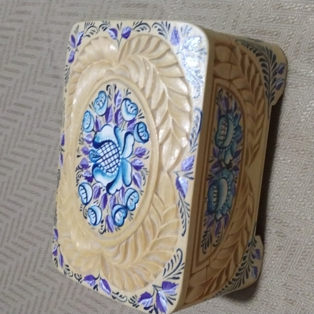 Painted Carved Wood Jewelry or Trinket Box